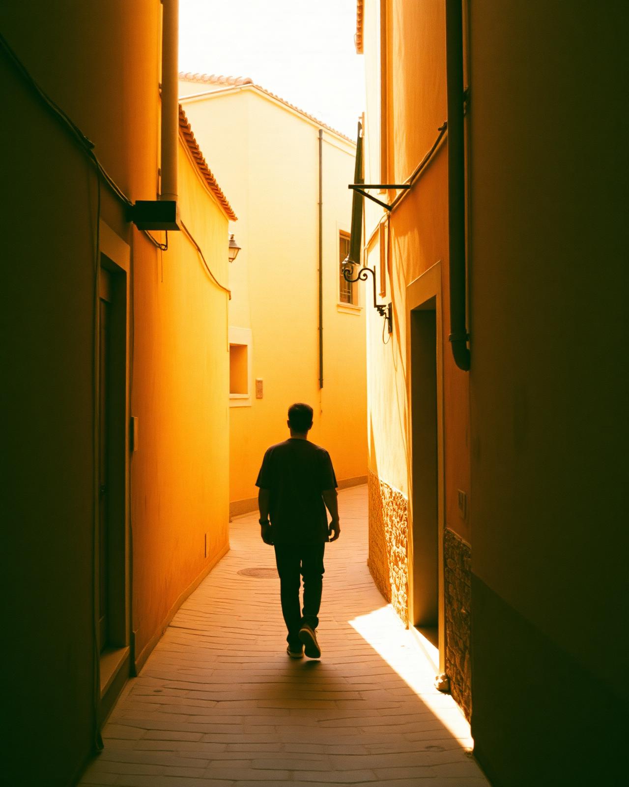 A traveler walking down a sunlit Mediterranean alley